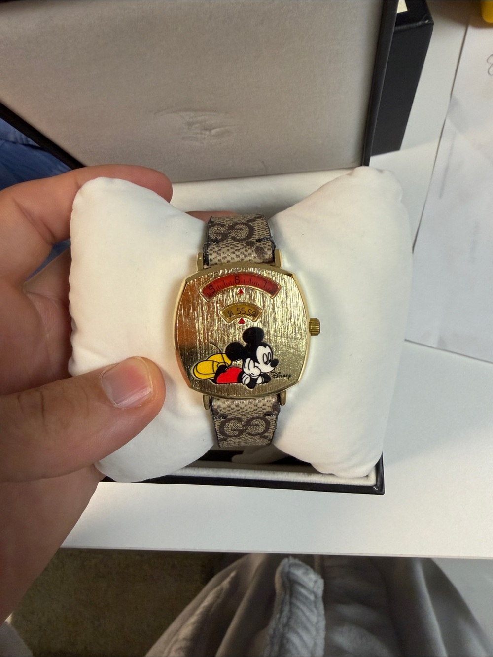 Gucci Gold Dial Mickey Mouse Beige Monogram Strap Watch